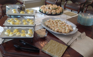 Chicken Caesar Salad Cups with Deviled Eggs and Mini Sandwiches. A perfect spread for a Southern bridal shower.