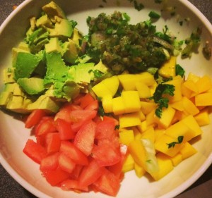 The components for avocado & mango salsa.