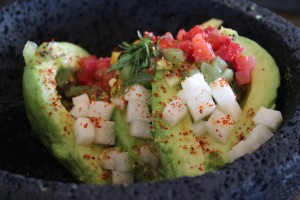 The Baja guacamole includes kiwi, jicama, strawberry, mango, mint and chile arbo